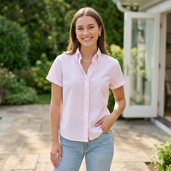 SO Pink and White Seersucker Striped Short Sleeve Button Down Shirt - Size Large - Picture 2 of 9